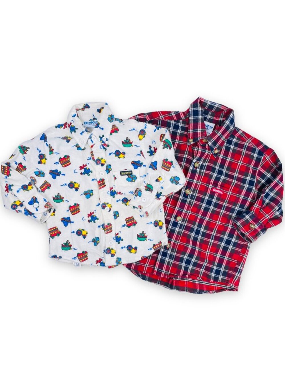 Vintage Oshkosh Red Plaid + Toy Long Sleeve Flannel Shirt Bundle Lot 24m / 2T